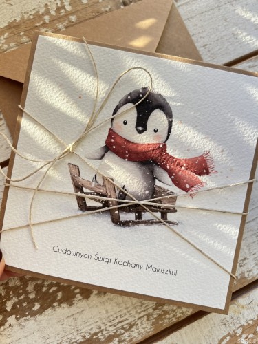 Kartka świąteczna ręcznie robiona na Boże Narodzenie z pingwinkiem 3
