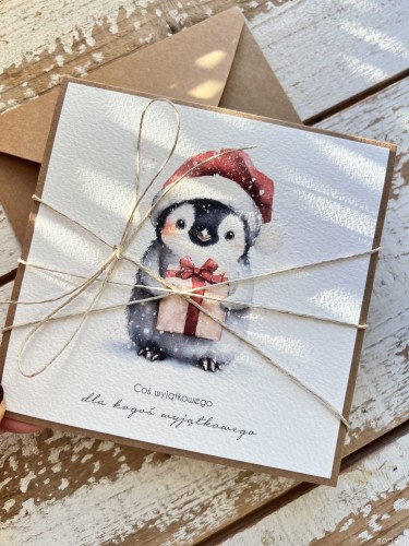 Kartka świąteczna ręcznie robiona na Boże Narodzenie z pingwinkiem 2