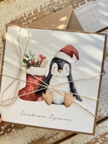 Kartka świąteczna ręcznie robiona na Boże Narodzenie z pingwinkiem 1