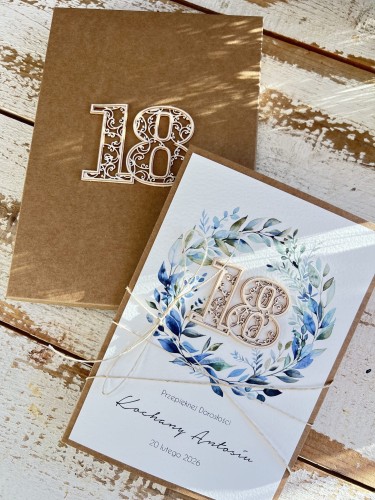 Personalizowany prezent - kartka ręcznie robiona z wiankiem na 18 urodziny, osiemnastka z personalizacją + personalizowane najpiękniejsze życzenia urodzinowe A5 w pudełku prezent od matki chrzestnej, rodziców