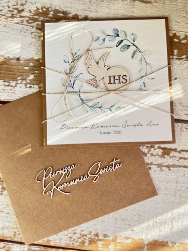 Kartka komunijna ręcznie robiona z imieniem od matki chrzestnej, ojca chrzestnego, babci, dziadka - pamiątka komunii - prezent na komunię od rodziców - przepiękne życzenia komunijne od serca
