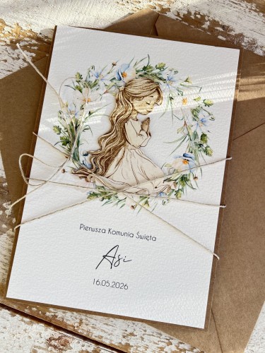 Kartka komunijna ręcznie robiona z imieniem od matki chrzestnej, ojca chrzestnego, babci, dziadka - pamiątka komunii - prezent na komunię od rodziców - przepiękne życzenia komunijne od serca dla dziewczynki A5 prezent komunijny