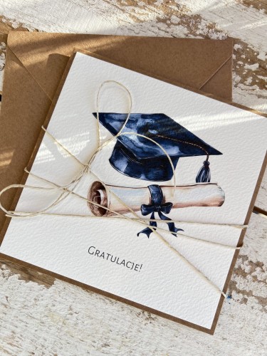 Ręcznie robiona kartka gratulacje z okazji uzyskania absolutorium obrony pracy licencjackiej, magisterskiej, doktorskiej - zakończenia studiów na życzenia