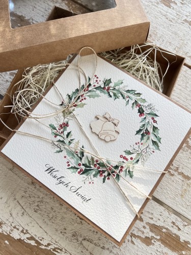 Ręcznie robiona kartka firmowa z personalizacją w pudełku z wypełnieniem na Boże Narodzenie dla firmy, biznesowe życzenia od firmy