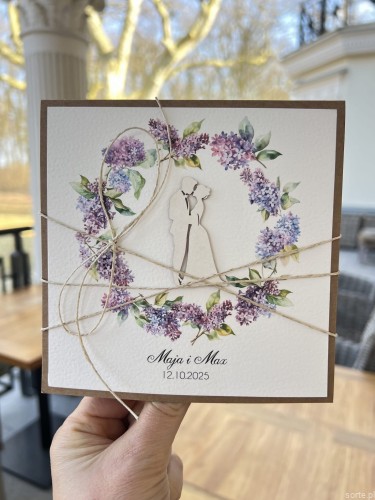 Personalizowana kartka na ślub, ślubna ręcznie robiona z bzem - życzenia ślubne