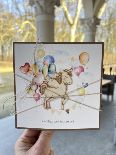 Ręcznie robiona kartka urodzinowa dla dziewczynki, balony, jednorożec