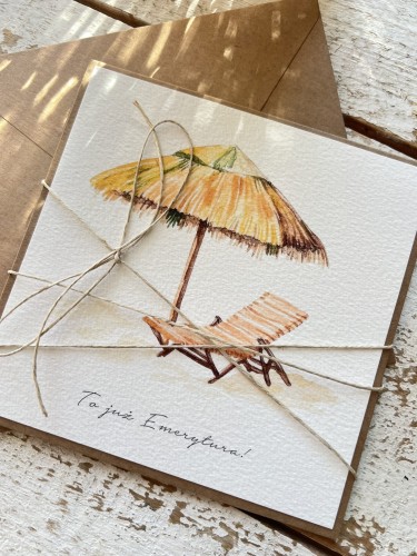 Kartka ręcznie robiona z okazji przejścia na emeryturę - gratulacje emerytura życzenia dla emeryta, emerytki - emerytura prezent - leżak