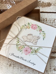 Pamiątka Chrztu - kartka na chrzest ręcznie robiona z gotowymi życzeniami w pudełku