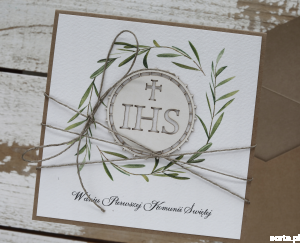 Oryginalna ręcznie robiona kartka komunijna - Pierwsza Komunia Święta piękne życzenia