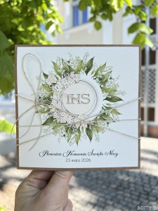 Kartka komunijna ręcznie robiona z imieniem od matki chrzestnej, ojca chrzestnego, rodziców - pamiątka komunii - prezent na komunię