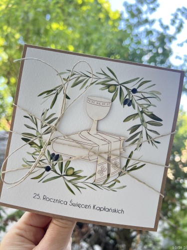 Ręcznie robiona kartka dla księdza z życzeniami na 25 rocznicę święceń kapłańskich - rocznica święceń