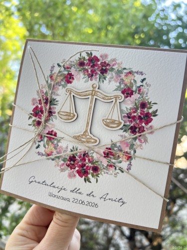 Personalizowana ręcznie robiona kartka gratulacje z okazji uzyskania absolutorium obrony pracy licencjackiej, magisterskiej, doktorskiej - zakończenia studiów na życzenia dla prawnika
