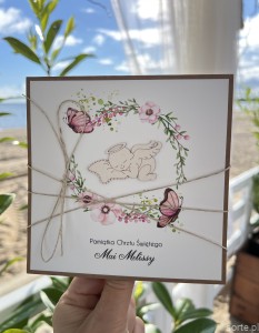 Wyjątkowa personalizowana kartka na chrzest dla dziewczynki - pomysł na prezent na chrzciny - pamiątka chrztu ręcznie robiona od matki chrzestnej, ojca chrzestnego + najpiękniejsze życzenia