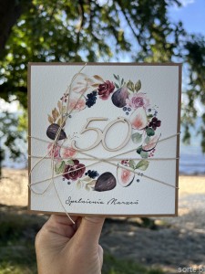 Wyjątkowa kartka ręcznie robiona na 50 urodziny życzenia boho (z)