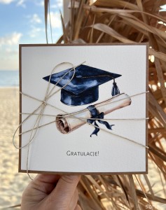 Ręcznie robiona kartka gratulacje z okazji uzyskania absolutorium obrony pracy licencjackiej, magisterskiej, doktorskiej - zakończenia studiów, dla magistra, doktora - piękne życzenia, gratulacje