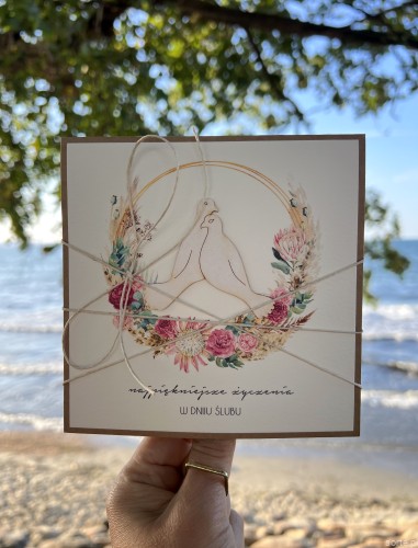 Kartka ślubna handmade boho gołąbki życzenia na ślub