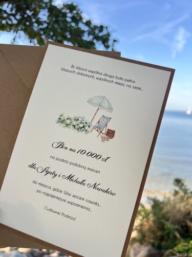 Personalizowany voucher, bon dla Pary Młodej na ślub, podróż poślubna, itp. A5 - prezent od rodziców