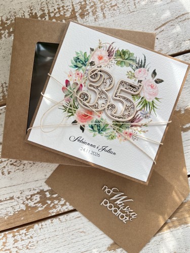 Personalizowana kartka ręcznie robiona z okazji 35 rocznicy ślubu z personalizacją + najpiękniejsze życzenia na rocznicę ślubu