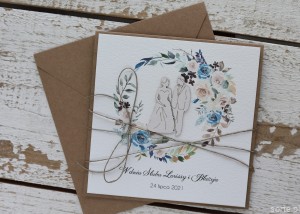 Rustykalna kartka ślubna ręcznie robiona w kopercie z parą młodą w wianku