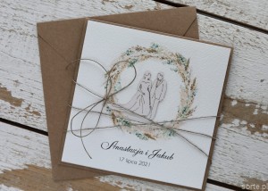 Rustykalna kartka ślubna ręcznie robiona w kopercie z parą młodą w wianku