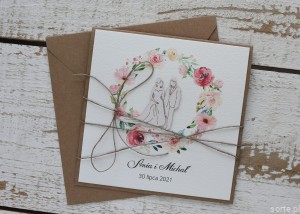 Rustykalna kartka ślubna ręcznie robiona w kopercie z parą młodą w wianku