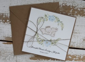 Ręcznie robiona kartka na chrzest od matki chrzestnej z aniołkiem Kacperek