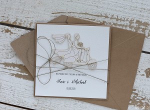 Rustykalna kartka ślubna ręcznie robiona młoda para skuter