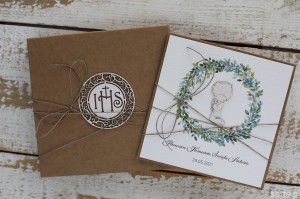 Ręcznie robiona kartka komunijna od ojca chrzestnego, matki chrzestnej