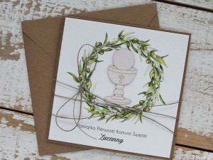 Oryginalna ręcznie robiona kartka komunijna z personalizacją i życzeniami