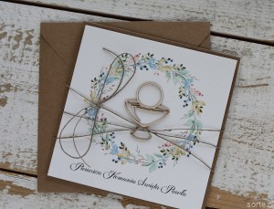 Oryginalna ręcznie robiona kartka komunijna z personalizacją i życzeniami