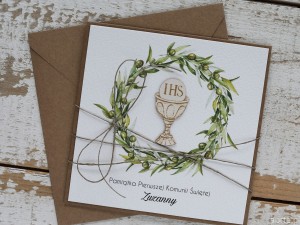 Oryginalna ręcznie robiona kartka komunijna z personalizacją i życzeniami