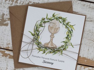 Oryginalna ręcznie robiona kartka komunijna z personalizacją i życzeniami