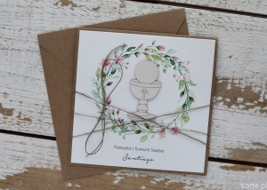 Oryginalna ręcznie robiona kartka komunijna z personalizacją i życzeniami