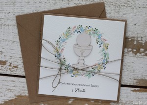 Oryginalna ręcznie robiona kartka na komunię z personalizacją i życzeniami