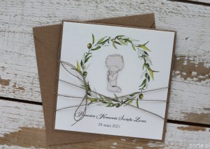 Oryginalna ręcznie robiona kartka na komunię z personalizacją i życzeniami