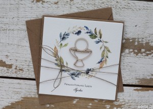 Oryginalna ręcznie robiona kartka na komunię z personalizacją i życzeniami