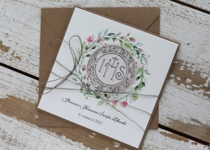 Oryginalna ręcznie robiona kartka na komunię z personalizacją i życzeniami