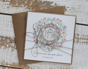 Oryginalna ręcznie robiona kartka na komunię z personalizacją i życzeniami 