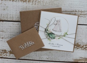 Rustykalna kartka ślubna ręcznie robiona z personalizacją i życzeniami - monstera