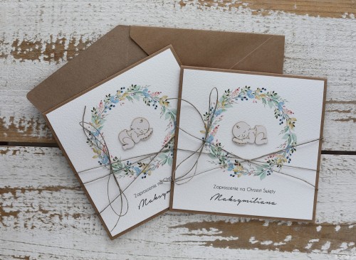 Ręcznie robione zaproszenia na chrzest dla chłopca z bobaskiem eko