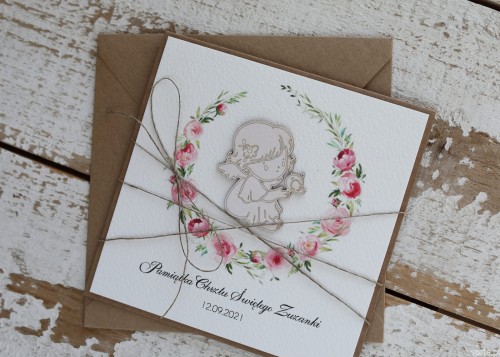 Wyjątkowa personalizowana kartka na chrzest dla dziewczynki - pomysł na prezent na chrzciny - pamiątka chrztu ręcznie robiona od matki chrzestnej, ojca chrzestnego + najpiękniejsze życzenia