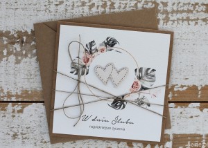 Ręcznie robiona kartka na ślub - ślubna z życzeniami monstera serca