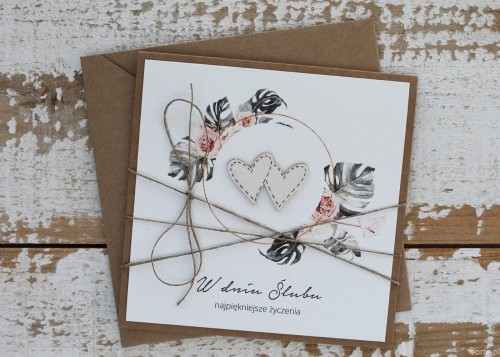 Ręcznie robiona kartka na ślub - ślubna z życzeniami monstera serca
