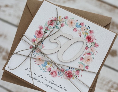 Personalizowany prezent - kartka ręcznie robiona na 50 urodziny, pomysł na prezent na pięćdziesiątkę z personalizacją dla kobiety + personalizowane najpiękniejsze życzenia urodzinowe