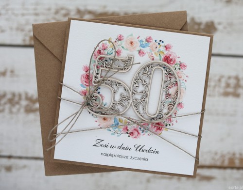 Wyjątkowa personalizowana kartka ręcznie robiona na 50 urodziny, pomysł na prezent na pięćdziesiątkę z personalizacją dla kobiety + personalizowane najpiękniejsze życzenia urodzinowe