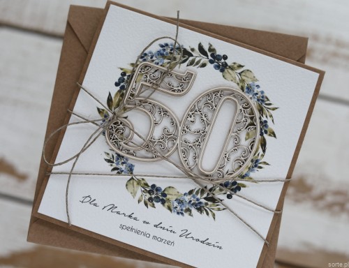 Personalizowany prezent - Wyjątkowa kartka ręcznie robiona na 50 urodziny, pomysł na prezent na pięćdziesiątkę z personalizacją dla mężczyzny + personalizowane najpiękniejsze życzenia urodzinowe