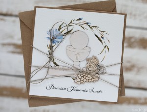 Ręcznie robiona kartka na komunię z życzeniami dla chłopca - komunijna Kielich duży