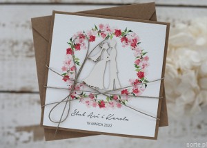Rustykalna kartka ślubna ręcznie robiona Asia i Karol kwiat wiśni