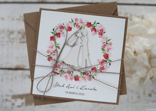 Rustykalna kartka ślubna ręcznie robiona Asia i Karol kwiat wiśni