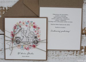 Rustykalna kartka ślubna z para slubna na rowerze, życzenia na ślub, idealny dodatek do prezentu ślubnego na pieniądze + koperta